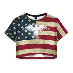 Женская футболка 3D укороченная с принтом Флаг США с белым орлом в Новосибирске, 100% полиэстер | круглая горловина, длина футболки до линии талии, рукава с отворотами | usa | америка | американец | америки | звездно полосатый | необычный | нью йорк | орел | соединенные | сша | флаг | штаты | янки