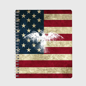 Тетрадь с принтом Флаг США с белым орлом в Новосибирске, 100% бумага | 48 листов, плотность листов — 60 г/м2, плотность картонной обложки — 250 г/м2. Листы скреплены сбоку удобной пружинной спиралью. Уголки страниц и обложки скругленные. Цвет линий — светло-серый
 | Тематика изображения на принте: usa | америка | американец | америки | звездно полосатый | необычный | нью йорк | орел | соединенные | сша | флаг | штаты | янки