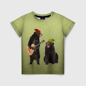 Детская футболка 3D с принтом 2 медведя и гитара в Новосибирске, 100% гипоаллергенный полиэфир | прямой крой, круглый вырез горловины, длина до линии бедер, чуть спущенное плечо, ткань немного тянется | животные | музыка