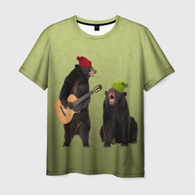 Мужская футболка 3D с принтом 2 медведя и гитара в Новосибирске, 100% полиэфир | прямой крой, круглый вырез горловины, длина до линии бедер | Тематика изображения на принте: животные | музыка