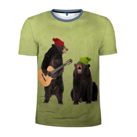 Мужская футболка 3D спортивная с принтом 2 медведя и гитара в Новосибирске, 100% полиэстер с улучшенными характеристиками | приталенный силуэт, круглая горловина, широкие плечи, сужается к линии бедра | Тематика изображения на принте: животные | музыка