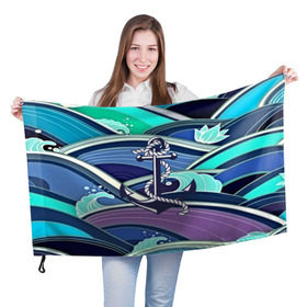 Флаг 3D с принтом Моряк в Новосибирске, 100% полиэстер | плотность ткани — 95 г/м2, размер — 67 х 109 см. Принт наносится с одной стороны | blue | брызги | вмф | вода | военный | волны | капли | море | океан