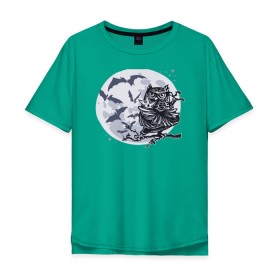 Мужская футболка хлопок Oversize с принтом Сова ниндзя в Новосибирске, 100% хлопок | свободный крой, круглый ворот, “спинка” длиннее передней части | ninja | owl | летучие мыши | луна | ночь | сюрикен | филин