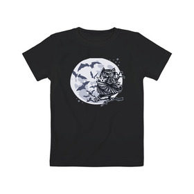 Детская футболка хлопок с принтом Сова ниндзя в Новосибирске, 100% хлопок | круглый вырез горловины, полуприлегающий силуэт, длина до линии бедер | Тематика изображения на принте: ninja | owl | летучие мыши | луна | ночь | сюрикен | филин