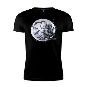 Мужская футболка премиум с принтом Сова ниндзя в Новосибирске, 92% хлопок, 8% лайкра | приталенный силуэт, круглый вырез ворота, длина до линии бедра, короткий рукав | ninja | owl | летучие мыши | луна | ночь | сюрикен | филин