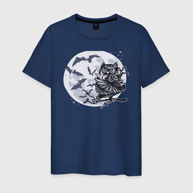 Мужская футболка хлопок с принтом Сова ниндзя в Новосибирске, 100% хлопок | прямой крой, круглый вырез горловины, длина до линии бедер, слегка спущенное плечо. | ninja | owl | летучие мыши | луна | ночь | сюрикен | филин