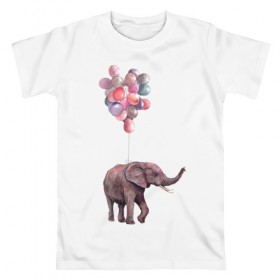 Мужская футболка хлопок с принтом Слоник-подарок в Новосибирске, 100% хлопок | прямой крой, круглый вырез горловины, длина до линии бедер, слегка спущенное плечо. | Тематика изображения на принте: акварель | воздушные шары | легкость | подарок | слон | слоник | шарики | шары