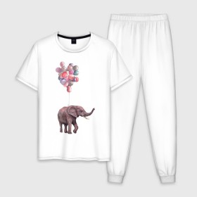 Мужская пижама хлопок с принтом Слоник-подарок в Новосибирске, 100% хлопок | брюки и футболка прямого кроя, без карманов, на брюках мягкая резинка на поясе и по низу штанин
 | Тематика изображения на принте: акварель | воздушные шары | легкость | подарок | слон | слоник | шарики | шары
