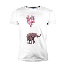 Мужская футболка премиум с принтом Слоник-подарок в Новосибирске, 92% хлопок, 8% лайкра | приталенный силуэт, круглый вырез ворота, длина до линии бедра, короткий рукав | акварель | воздушные шары | легкость | подарок | слон | слоник | шарики | шары