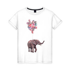Женская футболка хлопок с принтом Слоник-подарок в Новосибирске, 100% хлопок | прямой крой, круглый вырез горловины, длина до линии бедер, слегка спущенное плечо | акварель | воздушные шары | легкость | подарок | слон | слоник | шарики | шары