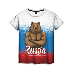 Женская футболка 3D с принтом Russian Bear в Новосибирске, 100% полиэфир ( синтетическое хлопкоподобное полотно) | прямой крой, круглый вырез горловины, длина до линии бедер | bear | russia | медведь | патриотическая | россия | русский медведь | триколор | флаг рф