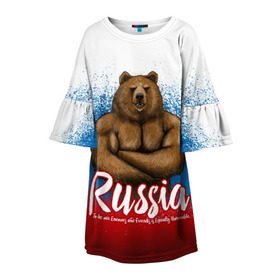 Детское платье 3D с принтом Russian Bear в Новосибирске, 100% полиэстер | прямой силуэт, чуть расширенный к низу. Круглая горловина, на рукавах — воланы | bear | russia | медведь | патриотическая | россия | русский медведь | триколор | флаг рф