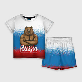 Детский костюм с шортами 3D с принтом Russian Bear в Новосибирске,  |  | bear | russia | медведь | патриотическая | россия | русский медведь | триколор | флаг рф