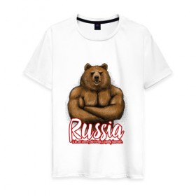 Мужская футболка хлопок с принтом Русский Мишка в Новосибирске, 100% хлопок | прямой крой, круглый вырез горловины, длина до линии бедер, слегка спущенное плечо. | 