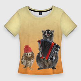 Женская футболка 3D Slim с принтом Енот, сова и аккордион в Новосибирске,  |  | животные | музыка