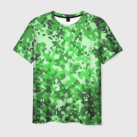 Мужская футболка 3D с принтом Камуфляж зеленые соты в Новосибирске, 100% полиэфир | прямой крой, круглый вырез горловины, длина до линии бедер | Тематика изображения на принте: армия | болото | зеленка | зеленый | камок | камуфляж | лес | маскировка | мундир | натовка | охотник | пазл | прикольный | рыбак | солдат | яркий