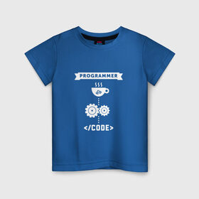 Детская футболка хлопок с принтом Принцип работы программиста в Новосибирске, 100% хлопок | круглый вырез горловины, полуприлегающий силуэт, длина до линии бедер | Тематика изображения на принте: code | programmer | зёрна | код | кофе | программист | чашка | шестерни