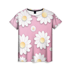 Женская футболка 3D с принтом Ромашки в Новосибирске, 100% полиэфир ( синтетическое хлопкоподобное полотно) | прямой крой, круглый вырез горловины, длина до линии бедер | весна | природа | ромашки | цветы