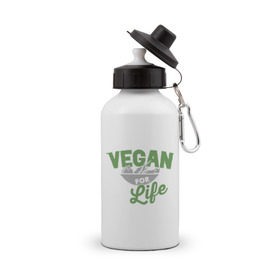 Бутылка спортивная с принтом Vegan for Life в Новосибирске, металл | емкость — 500 мл, в комплекте две пластиковые крышки и карабин для крепления | Тематика изображения на принте: green | vegan | yoga | веган | вегетарианец | вегетарианство | витамины | здоровье | зеленый | зож | йога | овощи | фрукты