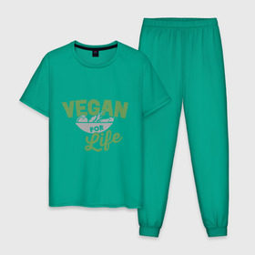 Мужская пижама хлопок с принтом Vegan for Life в Новосибирске, 100% хлопок | брюки и футболка прямого кроя, без карманов, на брюках мягкая резинка на поясе и по низу штанин
 | green | vegan | yoga | веган | вегетарианец | вегетарианство | витамины | здоровье | зеленый | зож | йога | овощи | фрукты