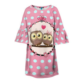 Детское платье 3D с принтом Совы в Новосибирске, 100% полиэстер | прямой силуэт, чуть расширенный к низу. Круглая горловина, на рукавах — воланы | 3d | горошек | животные | кружочки | любовь | птицы | розовый | сова | текстуры | цветы