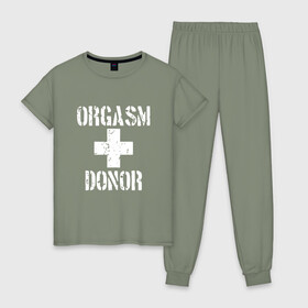 Женская пижама хлопок с принтом Orgasm + donor в Новосибирске, 100% хлопок | брюки и футболка прямого кроя, без карманов, на брюках мягкая резинка на поясе и по низу штанин | malchishnik | американский пирог | донор | жених | мальчишник | молодожены | свадьба | стифлер