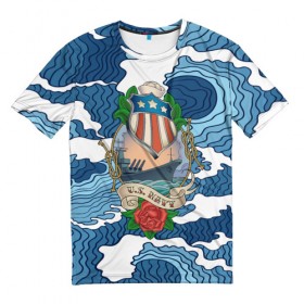Мужская футболка 3D с принтом U.S.Navy в Новосибирске, 100% полиэфир | прямой крой, круглый вырез горловины, длина до линии бедер | 3d | blue | брызги | вмф | вода | военный | волны | исторический | капли | корабль | лето | море | моряк | океан | природа | фрегат | шторм