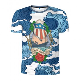 Мужская футболка 3D спортивная с принтом U.S.Navy в Новосибирске, 100% полиэстер с улучшенными характеристиками | приталенный силуэт, круглая горловина, широкие плечи, сужается к линии бедра | 3d | blue | брызги | вмф | вода | военный | волны | исторический | капли | корабль | лето | море | моряк | океан | природа | фрегат | шторм