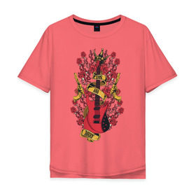 Мужская футболка хлопок Oversize с принтом GunsnRoses в Новосибирске, 100% хлопок | свободный крой, круглый ворот, “спинка” длиннее передней части | guitar | gun | guns | music | rock | rose | roses | гитара | музыка | пистолет | розы | рок