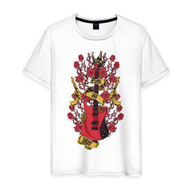 Мужская футболка хлопок с принтом Guns`n`Roses в Новосибирске, 100% хлопок | прямой крой, круглый вырез горловины, длина до линии бедер, слегка спущенное плечо. | guitar | gun | guns | music | rock | rose | roses | гитара | музыка | пистолет | розы | рок