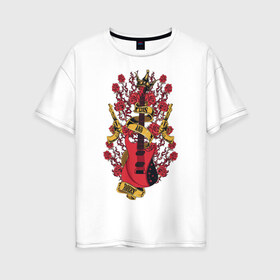 Женская футболка хлопок Oversize с принтом GunsnRoses в Новосибирске, 100% хлопок | свободный крой, круглый ворот, спущенный рукав, длина до линии бедер
 | guitar | gun | guns | music | rock | rose | roses | гитара | музыка | пистолет | розы | рок