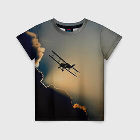 Детская футболка 3D с принтом Покоритель небес в Новосибирске, 100% гипоаллергенный полиэфир | прямой крой, круглый вырез горловины, длина до линии бедер, чуть спущенное плечо, ткань немного тянется | Тематика изображения на принте: закат | кукурузник | небо | облака | самолёт | силуэт