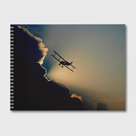 Альбом для рисования с принтом Покоритель небес в Новосибирске, 100% бумага
 | матовая бумага, плотность 200 мг. | Тематика изображения на принте: закат | кукурузник | небо | облака | самолёт | силуэт