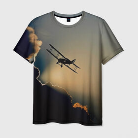 Мужская футболка 3D с принтом Покоритель небес в Новосибирске, 100% полиэфир | прямой крой, круглый вырез горловины, длина до линии бедер | Тематика изображения на принте: закат | кукурузник | небо | облака | самолёт | силуэт