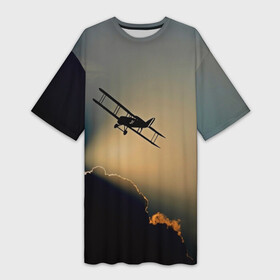 Платье-футболка 3D с принтом Покоритель небес в Новосибирске,  |  | закат | кукурузник | небо | облака | самолёт | силуэт