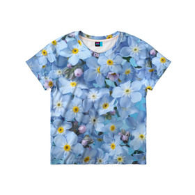 Детская футболка 3D с принтом Незабудки в Новосибирске, 100% гипоаллергенный полиэфир | прямой крой, круглый вырез горловины, длина до линии бедер, чуть спущенное плечо, ткань немного тянется | лето | небо | цветы