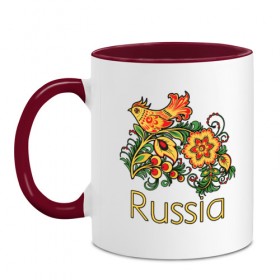 Кружка двухцветная с принтом Россия - наша страна в Новосибирске, керамика | объем — 330 мл, диаметр — 80 мм. Цветная ручка и кайма сверху, в некоторых цветах — вся внутренняя часть | russia | патриотизм | россия