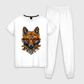 Женская пижама хлопок с принтом Fox в Новосибирске, 100% хлопок | брюки и футболка прямого кроя, без карманов, на брюках мягкая резинка на поясе и по низу штанин | art | wild | животные | искусство | лиса | лисица | лисичка | природа