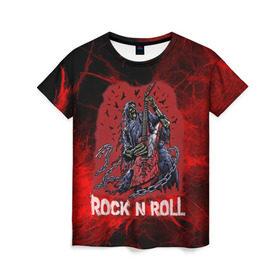 Женская футболка 3D с принтом Мертвый гитарист в Новосибирске, 100% полиэфир ( синтетическое хлопкоподобное полотно) | прямой крой, круглый вырез горловины, длина до линии бедер | rock | ворон | гитара | гитарист | жанр | космос | красный | мертвец | металл | музыка | надпись | панк | песня | птицы | рок | рок н рол | скелет | стиль | хард | хой | цепи | череп | я люблю рок