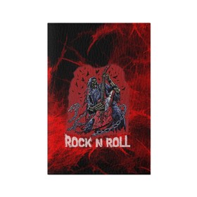 Обложка для паспорта матовая кожа с принтом Мертвый гитарист в Новосибирске, натуральная матовая кожа | размер 19,3 х 13,7 см; прозрачные пластиковые крепления | Тематика изображения на принте: rock | ворон | гитара | гитарист | жанр | космос | красный | мертвец | металл | музыка | надпись | панк | песня | птицы | рок | рок н рол | скелет | стиль | хард | хой | цепи | череп | я люблю рок