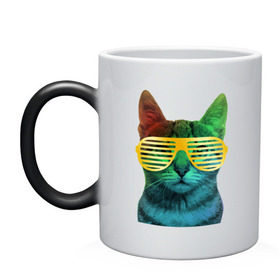 Кружка хамелеон с принтом Кот в очках в Новосибирске, керамика | меняет цвет при нагревании, емкость 330 мл | cat | kitty | space | животные | космос | кот | котенок | кошка | очки | радуга | цвет