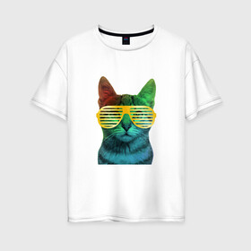 Женская футболка хлопок Oversize с принтом Кот в очках в Новосибирске, 100% хлопок | свободный крой, круглый ворот, спущенный рукав, длина до линии бедер
 | cat | kitty | space | животные | космос | кот | котенок | кошка | очки | радуга | цвет