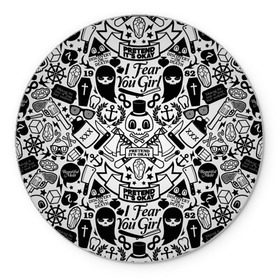 Коврик круглый с принтом Tokyo Tattoo Sticker Bomb в Новосибирске, резина и полиэстер | круглая форма, изображение наносится на всю лицевую часть | Тематика изображения на принте: casual | design | pattern | ray ban | skull | street | texture | urban | дизайн | индеец | мода | очки | повтор | принт | стикербомб | стикеры | тату | текстура | узор | улица | хулиган | череп | шляпа