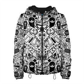 Женская куртка 3D с принтом Tokyo Tattoo Sticker Bomb в Новосибирске, ткань верха — 100% полиэстер, подклад — флис | прямой крой, подол и капюшон оформлены резинкой с фиксаторами, два кармана без застежек по бокам, один большой потайной карман на груди. Карман на груди застегивается на липучку | casual | design | pattern | ray ban | skull | street | texture | urban | дизайн | индеец | мода | очки | повтор | принт | стикербомб | стикеры | тату | текстура | узор | улица | хулиган | череп | шляпа