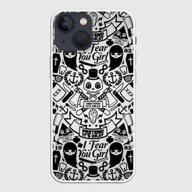 Чехол для iPhone 13 mini с принтом Tokyo Tattoo Sticker Bomb в Новосибирске,  |  | casual | design | pattern | ray ban | skull | street | texture | urban | дизайн | индеец | мода | очки | повтор | принт | стикербомб | стикеры | тату | текстура | узор | улица | хулиган | череп | шляпа