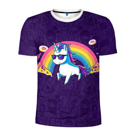 Мужская футболка 3D спортивная с принтом Радужный Единорог в Очках в Новосибирске, 100% полиэстер с улучшенными характеристиками | приталенный силуэт, круглая горловина, широкие плечи, сужается к линии бедра | Тематика изображения на принте: colors | pizza | pony | rainbow | unicorn | бекон | единорог | конь | очки | пицца | пони | пончик | радуга | рог | солнцезащитные очки