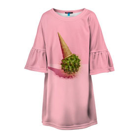 Детское платье 3D с принтом Ванильный Кактус в Новосибирске, 100% полиэстер | прямой силуэт, чуть расширенный к низу. Круглая горловина, на рукавах — воланы | вафля | вкусняшка | еда | жара | иголки | кактусы | картина | лед | лето | мимими | мороженка | мороженое | необычный | пломбир | растение | рожок | розовый | сладкое | сюрреализм | тень | эскимо