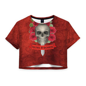 Женская футболка 3D укороченная с принтом Gans N Roses в Новосибирске, 100% полиэстер | круглая горловина, длина футболки до линии талии, рукава с отворотами | Тематика изображения на принте: gans n roses | группа | исполнители | меч | музыка | песни | розы | рок группа | череп