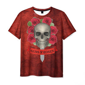 Мужская футболка 3D с принтом Gans N Roses в Новосибирске, 100% полиэфир | прямой крой, круглый вырез горловины, длина до линии бедер | gans n roses | группа | исполнители | меч | музыка | песни | розы | рок группа | череп