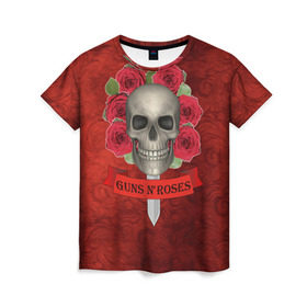 Женская футболка 3D с принтом Gans N Roses в Новосибирске, 100% полиэфир ( синтетическое хлопкоподобное полотно) | прямой крой, круглый вырез горловины, длина до линии бедер | gans n roses | группа | исполнители | меч | музыка | песни | розы | рок группа | череп